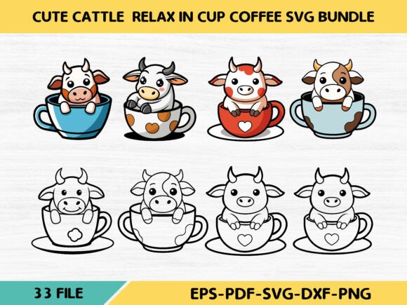 Cute Cattle Relax in Cup Coffee Svg Bun