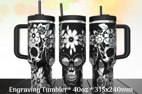 Skulls Flowers Engraving SVG Tumbler